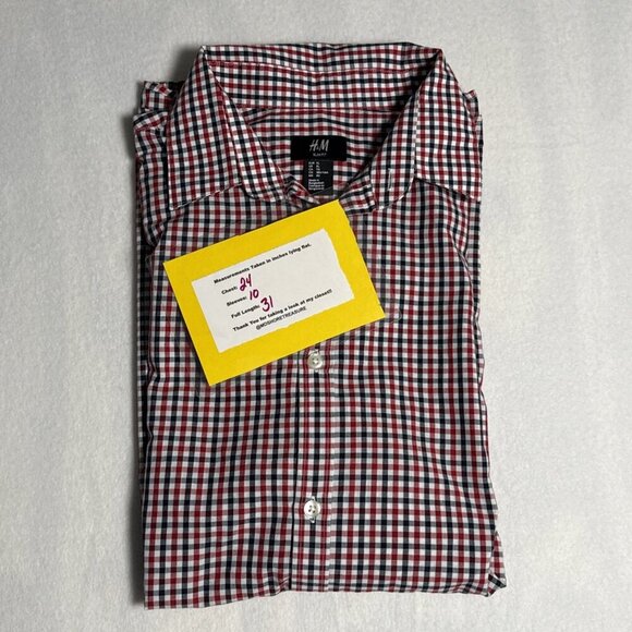 H&M Men Button Up Shirt Short Sleeve Slim Fit XLG Red, White, Blue, Plaid - Picture 8 of 8